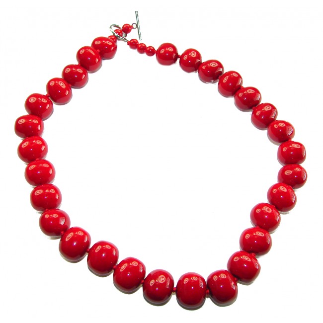 Konstancia Sublime natural Red Fossilized Coral Sterling Silver handmade Necklace - Red fossilized coral necklace, top view, showing full strand and clasp.