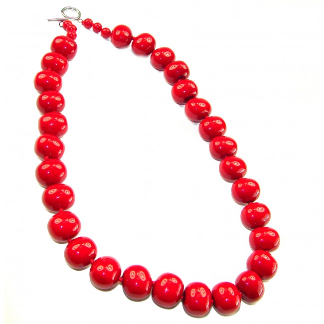 Konstancia Sublime natural Red Fossilized Coral Sterling Silver handmade Necklace - Red fossilized coral necklace with clasp detail, top view.