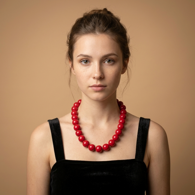 Konstancia Sublime natural Red Fossilized Coral Sterling Silver handmade Necklace - Woman wearing Konstancia red coral necklace, front view.