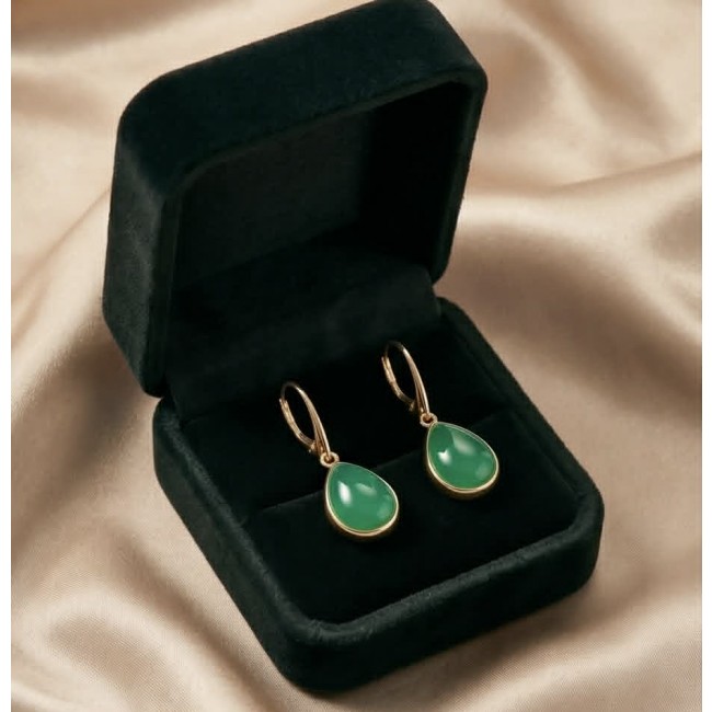 Unique genuine Jade 18K Gold over over .925 Sterling Silver handcrafted earrings - Emerald jade earrings in black box, front view.
