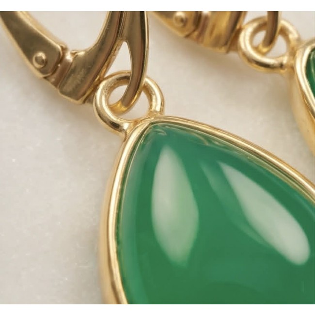 Unique genuine Jade 18K Gold over over .925 Sterling Silver handcrafted earrings - Close-up of jade earring with 18K gold over sterling silver setting.