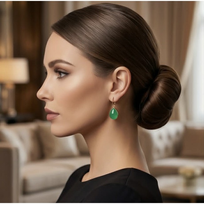 Unique genuine Jade 18K Gold over over .925 Sterling Silver handcrafted earrings - Side view of jade earrings in 18K gold over sterling silver, worn