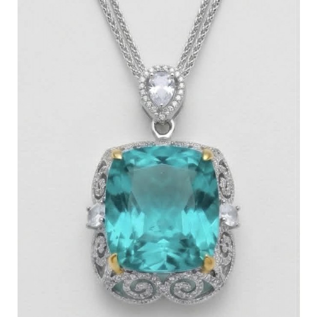 Wonderland 31.3 carat fancy emerald cut Paraiba Tourmaline 2 tones .925 Sterling Silver Handcrafted Statement necklace - Paraiba Tourmaline pendant, front view, showcasing emerald cut stone.