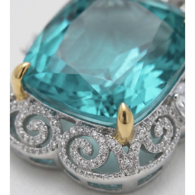 Wonderland 31.3 carat fancy emerald cut Paraiba Tourmaline 2 tones .925 Sterling Silver Handcrafted Statement necklace - Close-up of fancy emerald cut Paraiba Tourmaline in ornate setting.