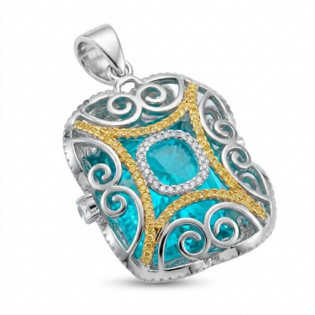 Wonderland 31.3 carat fancy emerald cut Paraiba Tourmaline 2 tones .925 Sterling Silver Handcrafted Statement necklace - Paraiba Tourmaline pendant, detailed side view with ornate design