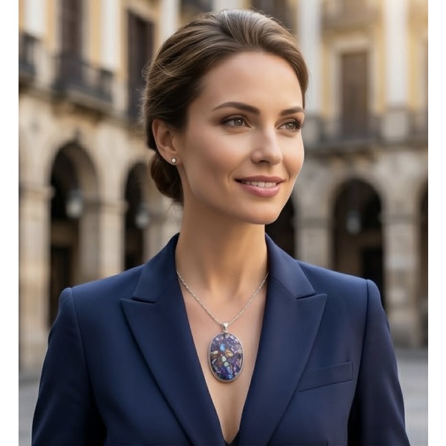 Chic Boho Style Purple Turquoise with golden Copper vains .925 Sterling Silver statement necklace - Woman wearing Chic Boho Style Purple Turquoise necklace, front view