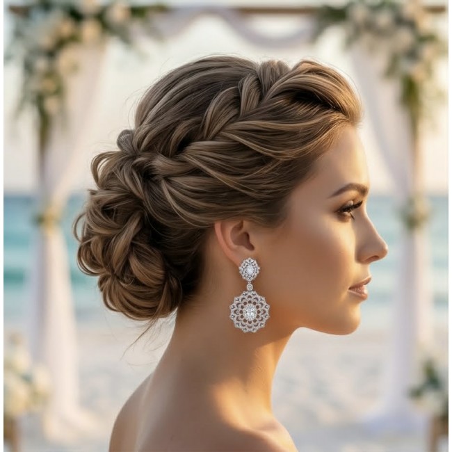 Elizabeth Natural 8.2 carat White Topaz .925 Sterling Silver handcrafted earrings - Woman wearing Elizabeth white topaz earrings, side profile view.