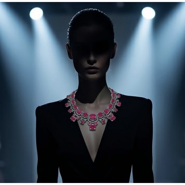 Royalty 157.2 carat Mozambique Ruby Colombian Emerald .925 Sterling Silver .925 Sterling Silver Statement Necklace - Model wearing Royalty necklace with rubies and emeralds under spotlight.