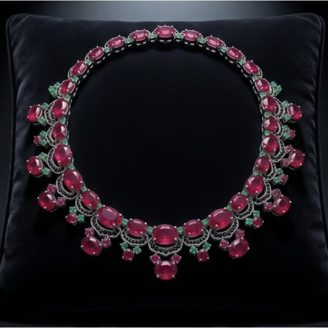 Royalty 157.2 carat Mozambique Ruby Colombian Emerald .925 Sterling Silver .925 Sterling Silver Statement Necklace - Royalty necklace with rubies and emeralds on black background, top view.