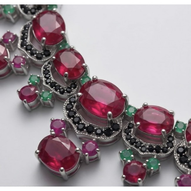 Royalty 157.2 carat Mozambique Ruby Colombian Emerald .925 Sterling Silver .925 Sterling Silver Statement Necklace - Ruby and emerald necklace stone close-up, Royalty 157.2 carat.