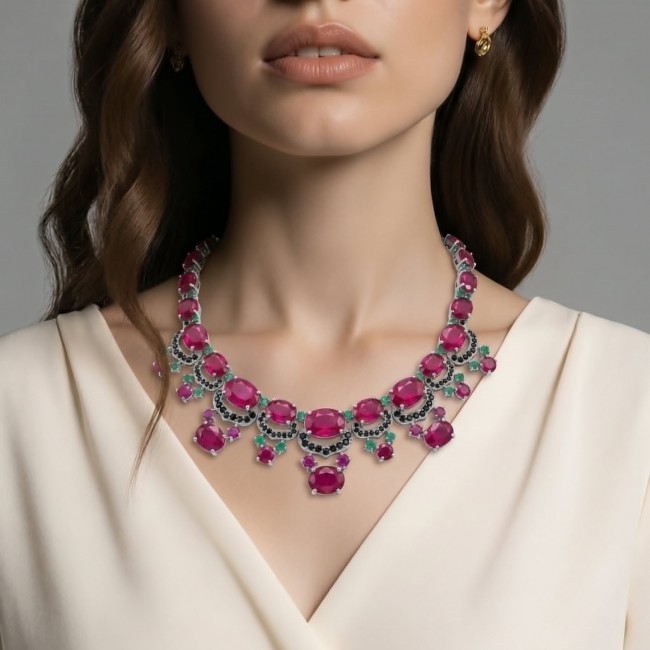Royalty 157.2 carat Mozambique Ruby Colombian Emerald .925 Sterling Silver .925 Sterling Silver Statement Necklace - Woman wearing Royalty Ruby and Emerald necklace, front view