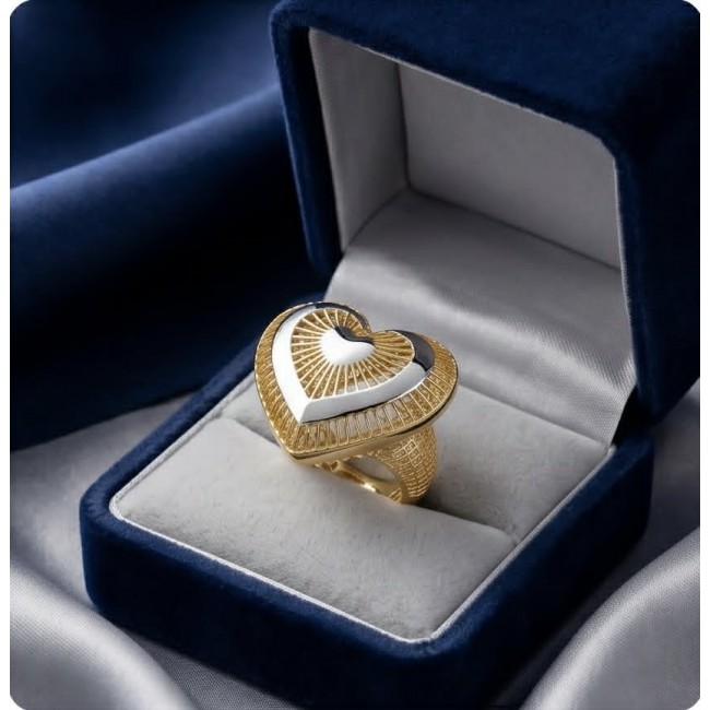 Dubai Style - Golden Heart .925 Sterling Silver dipped in 22K Gold handmade Large ring size 9 - Heart-shaped gold ring in a blue velvet box, top view.