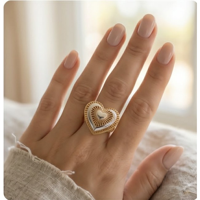 Dubai Style - Golden Heart .925 Sterling Silver dipped in 22K Gold handmade Large ring size 9 - Golden heart ring, sterling silver, worn on hand, top view.