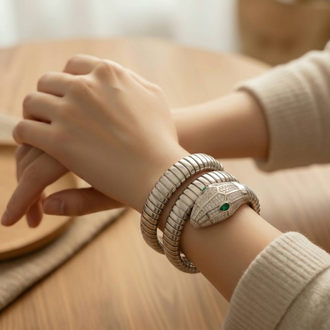 SERPENTINE Precious Snake Genuine 4.2 carat Emerald 925 Sterling Silver handcrafted Bracelet - Worn on wrist, Serpentine snake bracelet with emerald and silver detail.