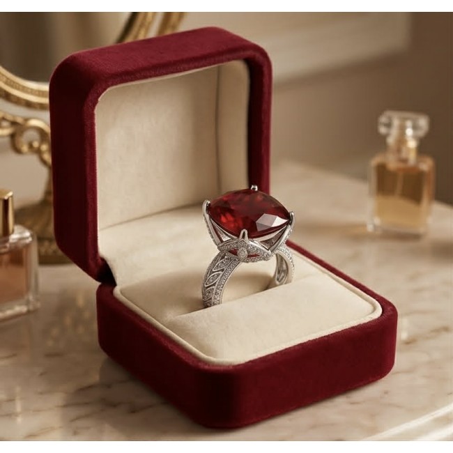 Red Power Authentic 10.4 carat Garnet .925 Sterling Silver brilliantly handcrafted Large Statement Ring size 7 adjustable - Garnet ring in red velvet box on marble surface, elegant side view.
