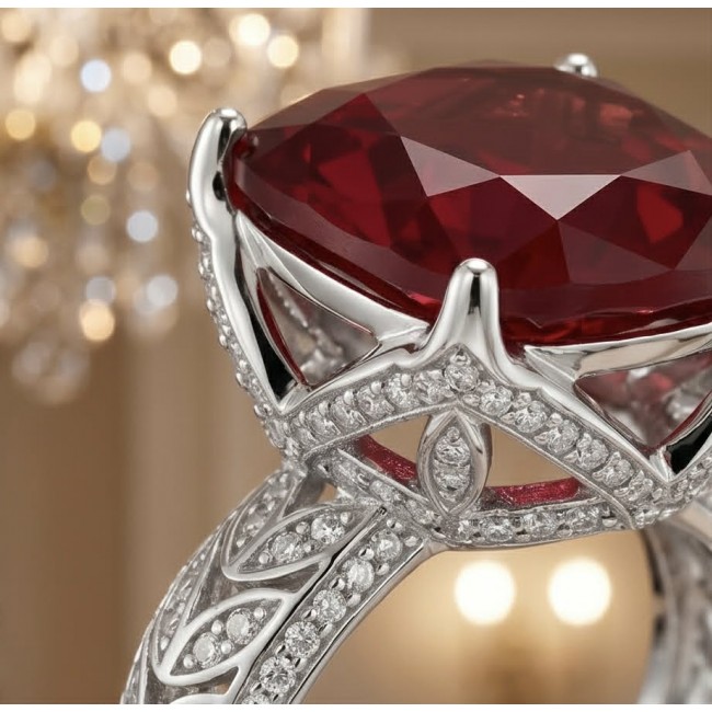 Red Power Authentic 10.4 carat Garnet .925 Sterling Silver brilliantly handcrafted Large Statement Ring size 7 adjustable - Close-up of 10.4 carat garnet ring with sterling silver and diamond accents.