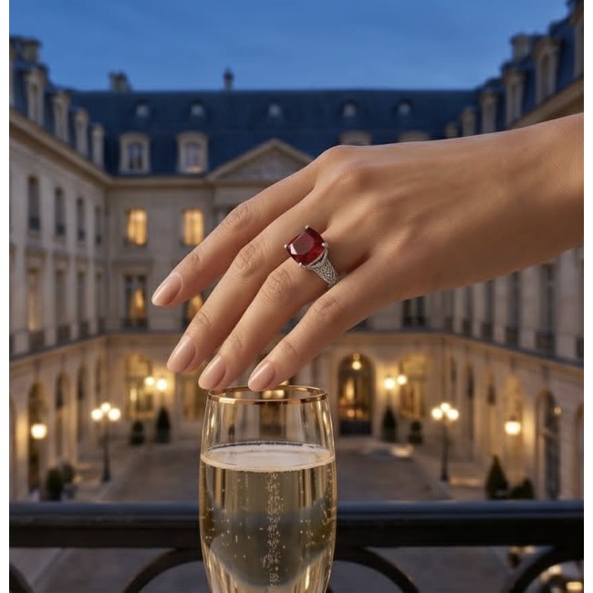 Red Power Authentic 10.4 carat Garnet .925 Sterling Silver brilliantly handcrafted Large Statement Ring size 7 adjustable - Hand wearing a garnet ring with champagne and elegant building backdrop