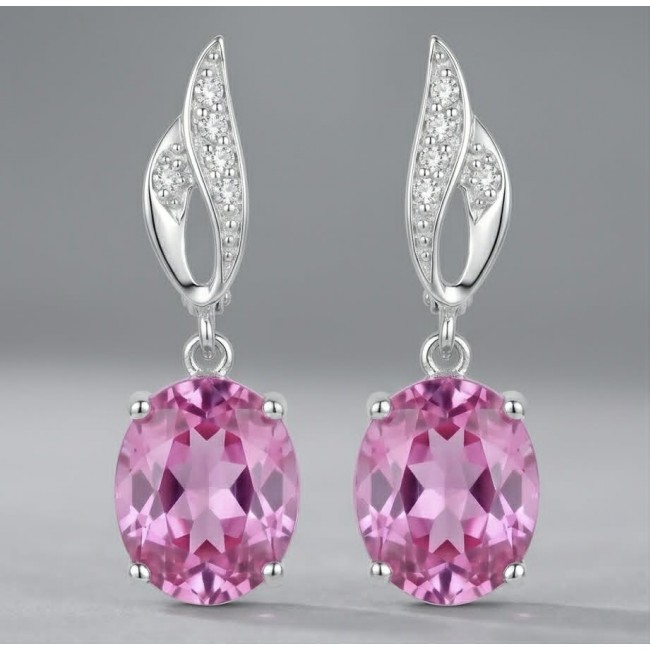 Tiffany - authentic 14.5 carat Pink Topaz .925 Sterling Silver handcrafted Earrings - Pink topaz earrings front view, sterling silver with diamond accents.