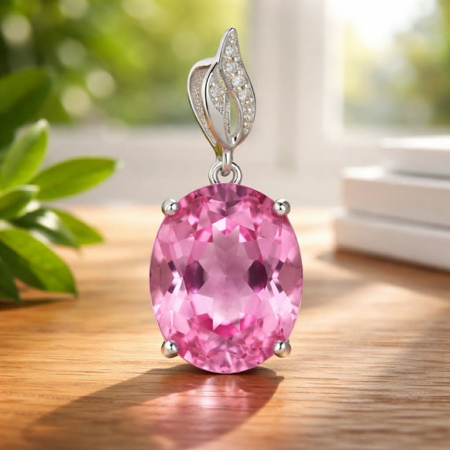 Tiffany - authentic 14.5 carat Pink Topaz .925 Sterling Silver handcrafted Statement pendant - Close-up of pink topaz pendant with sterling silver and diamond accents.