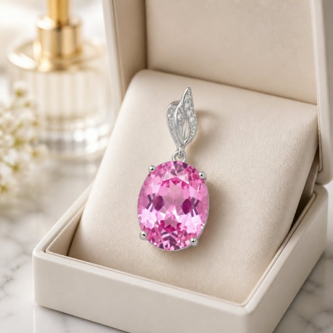 Tiffany - authentic 14.5 carat Pink Topaz .925 Sterling Silver handcrafted Statement pendant - Close-up of pink topaz pendant in sterling silver display box