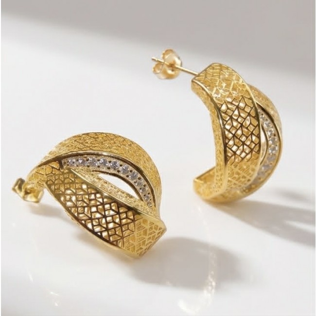 Dubai Style - Golden Flowers .925 Sterling Silver dipped in 22K Gold handmade Large Earrings - Golden hoop earrings with textured design, side view with light reflection.