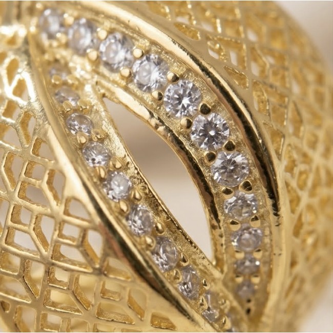 Dubai Style - Golden Flowers .925 Sterling Silver dipped in 22K Gold handmade Large Earrings - Close-up of gold filigree with embedded stones, Dubai Style jewelry.