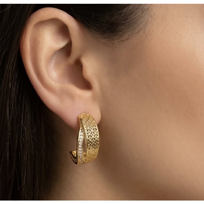 Dubai Style - Golden Flowers .925 Sterling Silver dipped in 22K Gold handmade Large Earrings - Side view of golden floral hoop earring on ear.