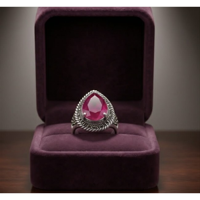 Carmen Natural 18.4 carat Ruby .925 Sterling Silver handmade Large Statement Ring size 8 - Ruby ring in purple box, front view, sterling silver setting.