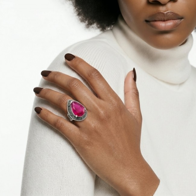 Carmen Natural 18.4 carat Ruby .925 Sterling Silver handmade Large Statement Ring size 8 - Ruby ring on hand, close-up view, 18.4 carat in sterling silver.