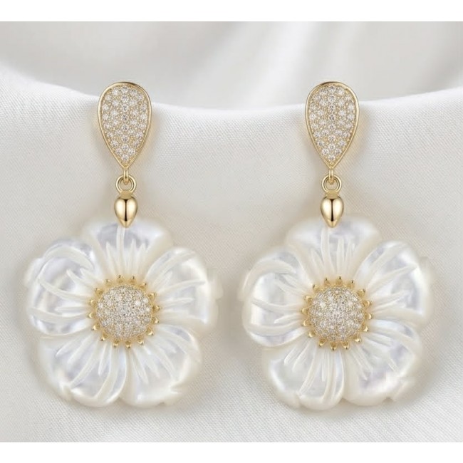 BLOOMING FLOWERS Genuine Blister Pearl 0.2 CARAT lab grown Diamond 18K Gold over .925 Sterling Silver handcrafted Statement Earrings - Front view of BLOOMING FLOWERS earrings with blister pearls.