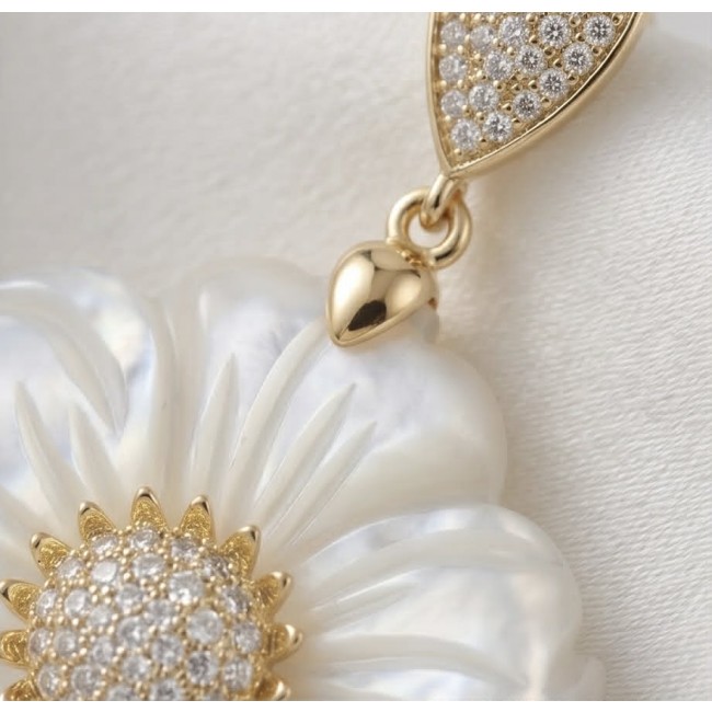 BLOOMING FLOWERS Genuine Blister Pearl 0.2 CARAT lab grown Diamond 18K Gold over .925 Sterling Silver handcrafted Statement Earrings - Close-up of BLOOMING FLOWERS pendant with pearl and diamonds detailing.