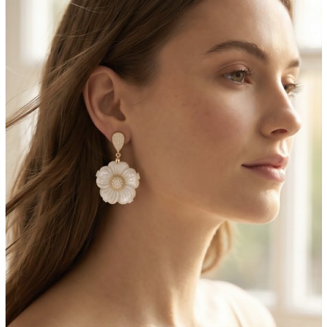 BLOOMING FLOWERS Genuine Blister Pearl 0.2 CARAT lab grown Diamond 18K Gold over .925 Sterling Silver handcrafted Statement Earrings - Side view of woman wearing BLOOMING FLOWERS genuine blister pearl earring