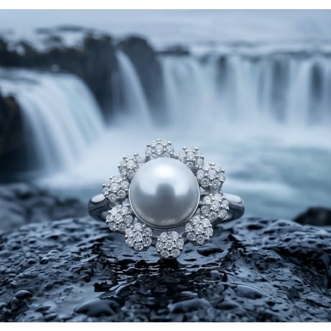Authentic rare Pearl .925 Sterling Silver handcrafted ring; s. 7 3/4 - Pearl sterling silver ring close-up with waterfall background