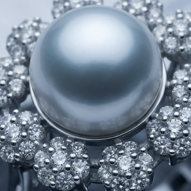 Authentic rare Pearl .925 Sterling Silver handcrafted ring; s. 7 3/4 - Close-up of pearl and diamond arrangement on silver ring.