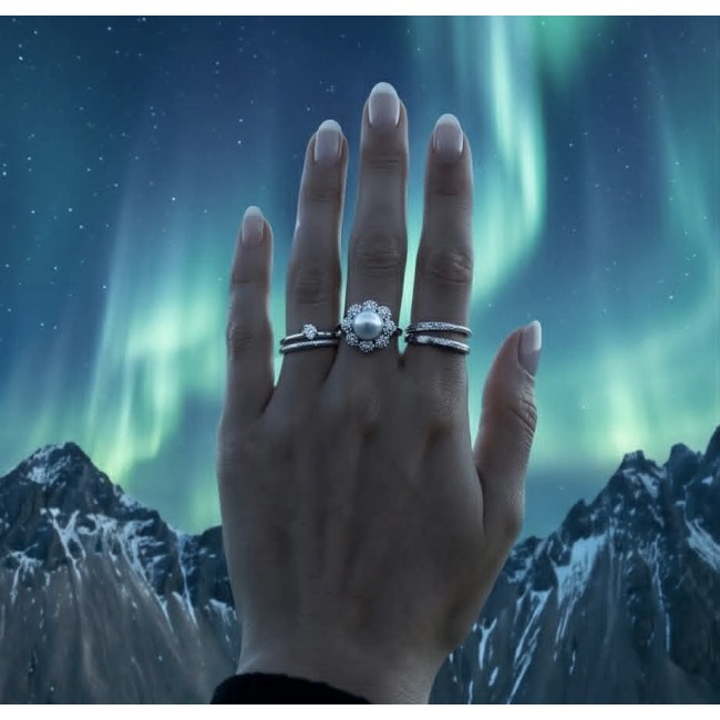 Authentic rare Pearl .925 Sterling Silver handcrafted ring; s. 7 3/4 - Hand wearing pearl and silver rings under Northern Lights.