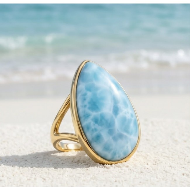 Blue Perfection 22.9 carat natural Larimar .925 Sterling Silver dipped in 18K Gold handmade Large ring size 7 - Larimar stone ring close-up on beach background