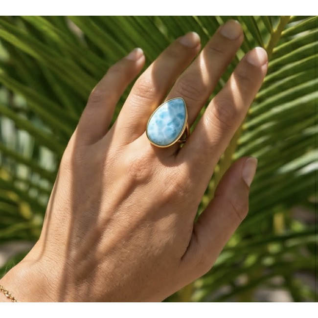 Blue Perfection 22.9 carat natural Larimar .925 Sterling Silver dipped in 18K Gold handmade Large ring size 7 - Blue Perfection Larimar ring worn on hand against palm leaves backdrop.