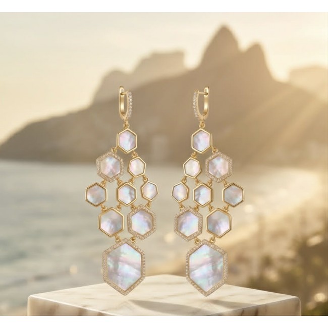 Genuine Blister Pearl 0.3 carat lab grown Diamond 18K Gold over .925 Sterling Silver handcrafted Large Statement Earrings - Gold earrings with blister pearl and diamonds against scenic background