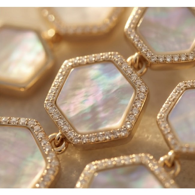 Genuine Blister Pearl 0.3 carat lab grown Diamond 18K Gold over .925 Sterling Silver handcrafted Large Statement Earrings - Close-up of blister pearl and diamond 18K gold hexagon necklace.