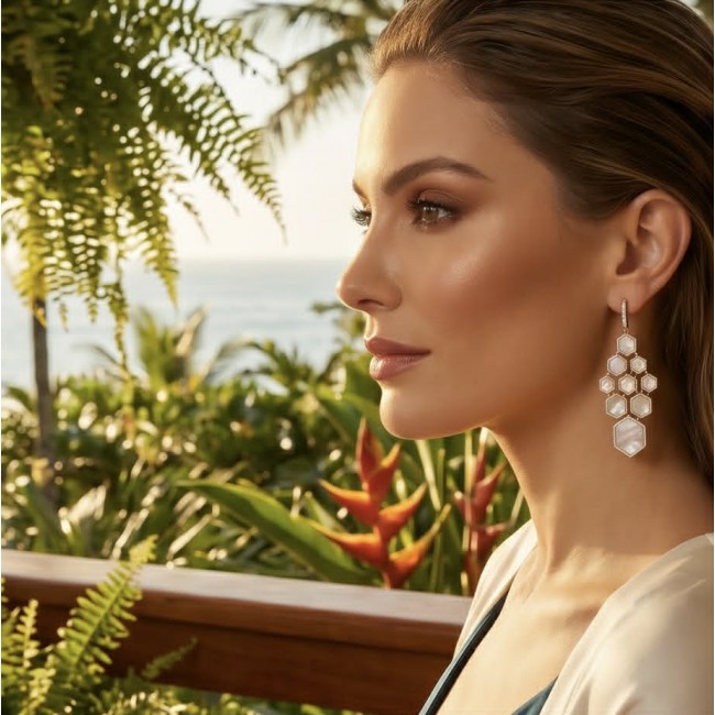 Genuine Blister Pearl 0.3 carat lab grown Diamond 18K Gold over .925 Sterling Silver handcrafted Large Statement Earrings - Woman wearing pearl and diamond earrings, side view, tropical backdrop.
