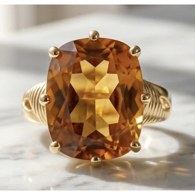 Liliana 21.5 carat Champagne Smoky Topaz .925 Sterling Silver dipped in Real 18K Gold Oversized Ring size 10 - Close-up of Liliana 21.5 carat Champagne Smoky Topaz ring on marble.
