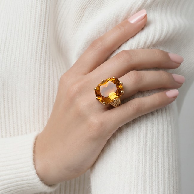 Liliana 21.5 carat Champagne Smoky Topaz .925 Sterling Silver dipped in Real 18K Gold Oversized Ring size 10 - Topaz ring worn on hand, showcasing the 21.5 carat smoky stone.