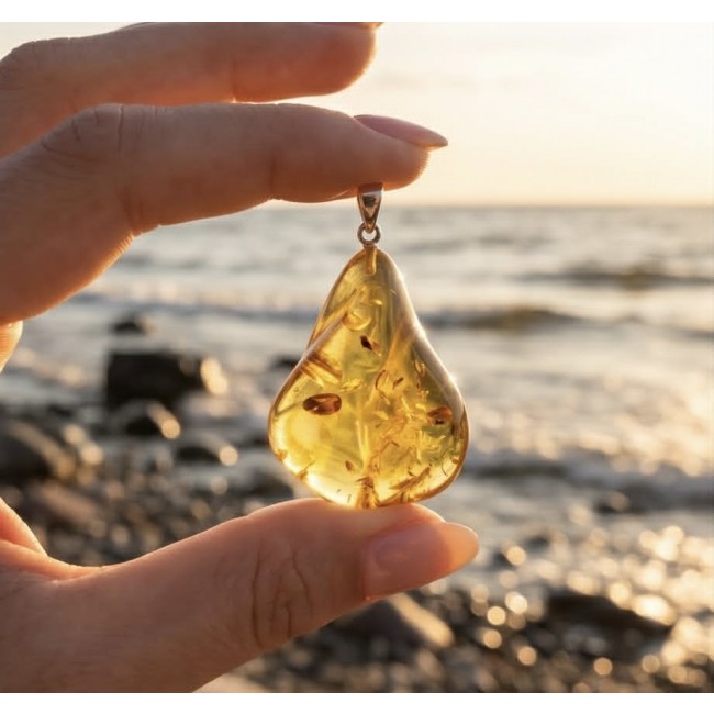 Sea Treasure Prehistoric Authentic Baltic Amber .925 Sterling Silver beautifully handcrafted Pendant - Hand holding amber pendant at sunset by the sea