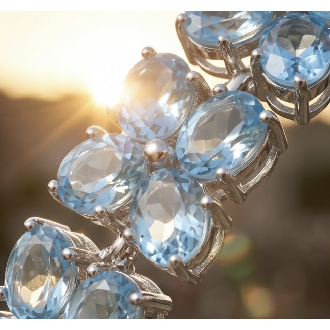 Tiffany - Magnificent 105.5 carat Swiss Blue Topaz .925 Sterling Silver handcrafted Heavy Bracelet - Close-up of Swiss Blue Topaz stones, sunrise background