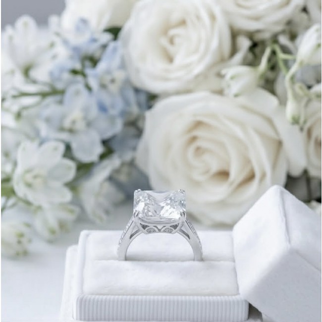 Victoria Precious assher cut 10.9 CARAT Natural White Topaz . 925 Sterling Silver Women ring size 8 - Side view of Victoria Precious 10.9 carat topaz ring with white roses.