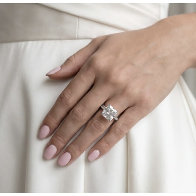 Victoria Precious assher cut 10.9 CARAT Natural White Topaz . 925 Sterling Silver Women ring size 8 - Worn on hand, showcasing Victoria Precious Asscher cut 10.9 ct topaz ring.