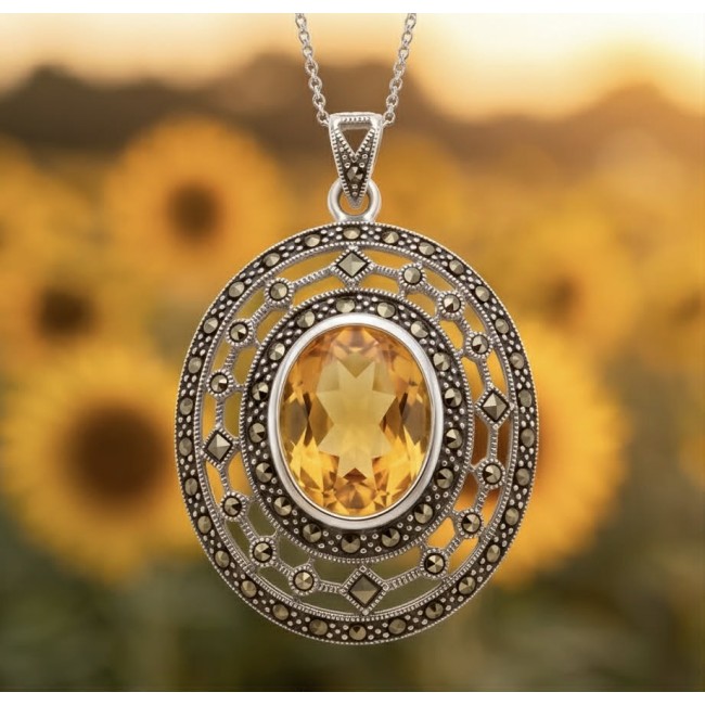 Costa del Sol 10.8 carat Citrine MARCASITE .925 Sterling Silver handcrafted Statement pendant - Close-up of citrine pendant with marcasite on sterling silver backdrop