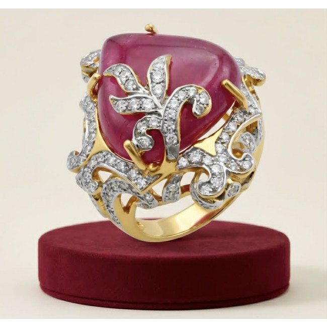 GIOVANNA- Natural 25.8 carat Mozambique Ruby 18K Gold over .925 Sterling Silver Handcrafted Statement Ring size 5 1/2 - Close-up of GIOVANNA ring with 25.8 carat ruby and diamonds on stand.