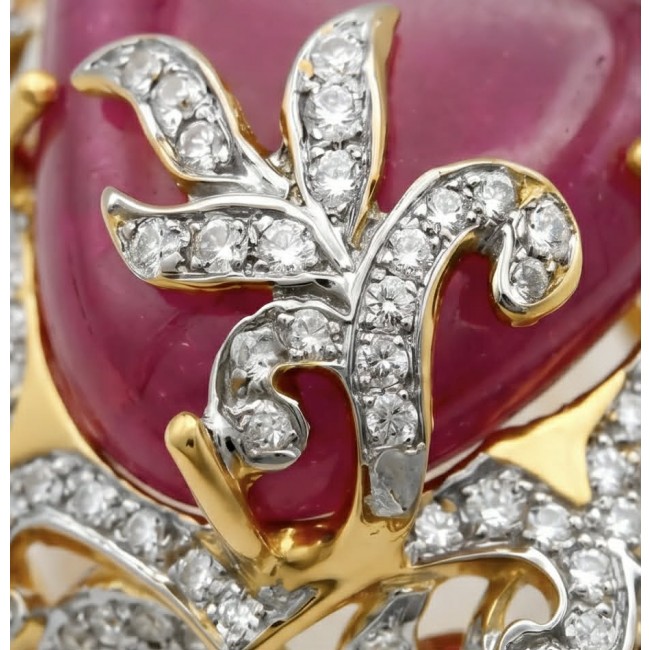 GIOVANNA- Natural 25.8 carat Mozambique Ruby 18K Gold over .925 Sterling Silver Handcrafted Statement Ring size 5 1/2 - Stone and diamond detail close-up, GIOVANNA Ruby 18K Gold Jewelry