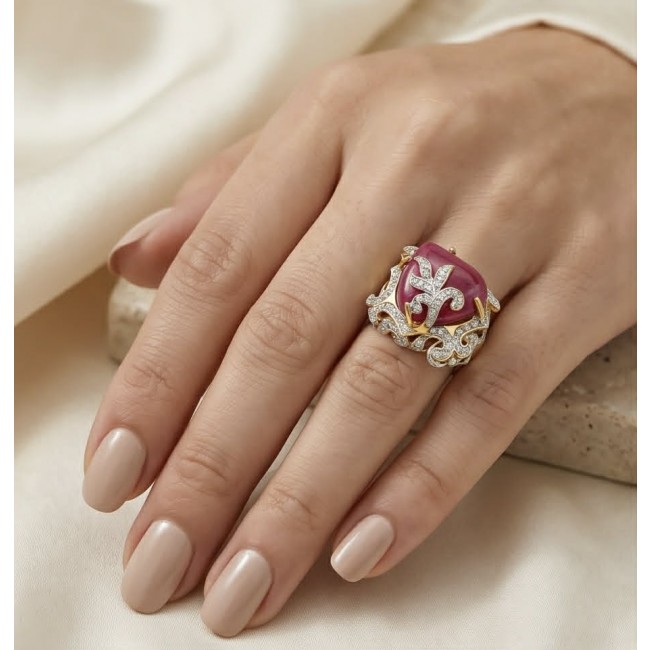 GIOVANNA- Natural 25.8 carat Mozambique Ruby 18K Gold over .925 Sterling Silver Handcrafted Statement Ring size 5 1/2 - Ruby ring with diamonds worn on hand, close-up view